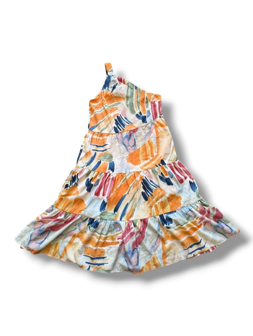 Entro Dress Womens Size S Abstract Watercolor Tiered Ruffle Hem One Shoulder EUC